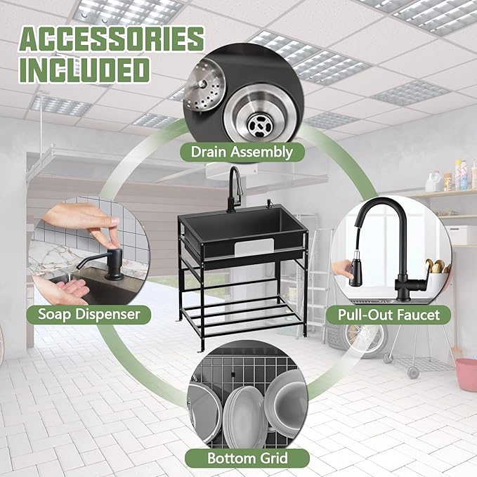 Black 30x22 Inch Freestanding Utility Sink-Stainless Steel Laundry Sink Practicality With Accessories Black Stainless Faucet,Soap Dispenser, SS Sink Grid For Laundry,Garage,Outdoor Kitchen,Garden...