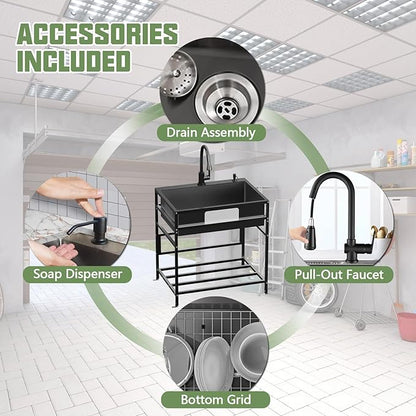 Black 30x22 Inch Freestanding Utility Sink-Stainless Steel Laundry Sink Practicality With Accessories Black Stainless Faucet,Soap Dispenser, SS Sink Grid For Laundry,Garage,Outdoor Kitchen,Garden...