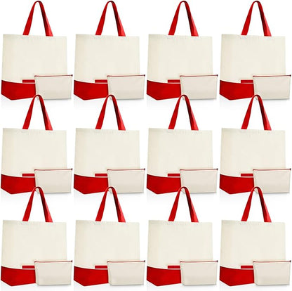 Sanwuta 24 Pcs Canvas Tote Bags Bulk with Zipper Cosmetic Bags 18.5" Cotton Canvas Bag with Handles Reusable Shopping Bags