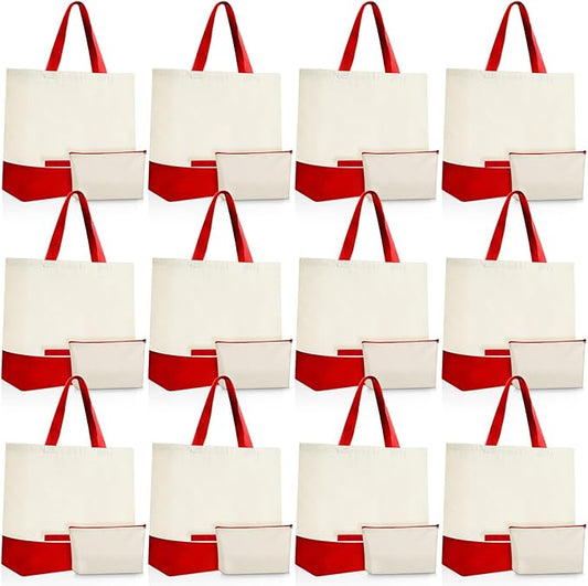 Sanwuta 24 Pcs Canvas Tote Bags Bulk with Zipper Cosmetic Bags 18.5" Cotton Canvas Bag with Handles Reusable Shopping Bags
