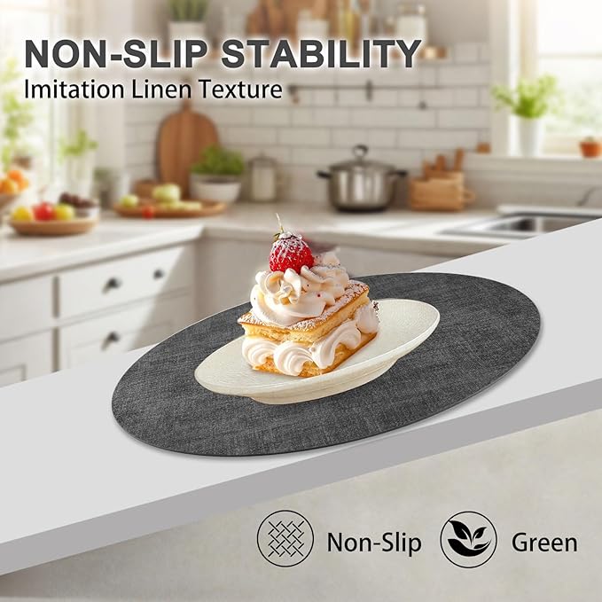 Round Faux Leather Placemats and Coasters, Set of 6, Reversible Heat Resistant Non-Slip Table Mats, Waterproof Wipeable Place Mats for Dining Table, Washable for Indoor & Outdoor (6, Dark Grey)