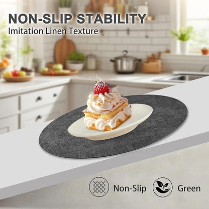 Round Faux Leather Placemats and Coasters, Set of 8, Reversible Heat Resistant Non-Slip Table Mats, Waterproof Wipeable Place Mats for Dining Table, Washable for Indoor & Outdoor (8, Dark Grey)