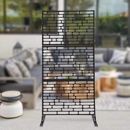 Outdoor Metal Privacy Screen with Stand, 35.4" W x 75" H Freestanding Metal Slatted Decorative Privacy Screen and Panels for Patio Garden Balcony Porch (Black Rounded Rectangle)