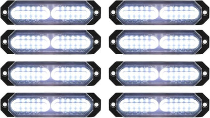 ASPL 8pcs Sync Feature Ultra Slim 12-LED Surface Mount Flashing Strobe Lights for Truck Car Vehicle LED Mini Grille Light Head Emergency Beacon Hazard Warning Lights (White)