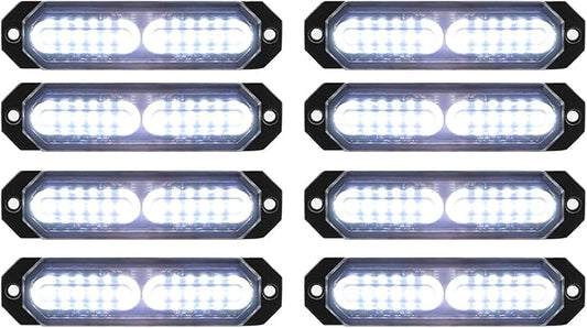 ASPL 8pcs Sync Feature Ultra Slim 12-LED Surface Mount Flashing Strobe Lights for Truck Car Vehicle LED Mini Grille Light Head Emergency Beacon Hazard Warning Lights (White)