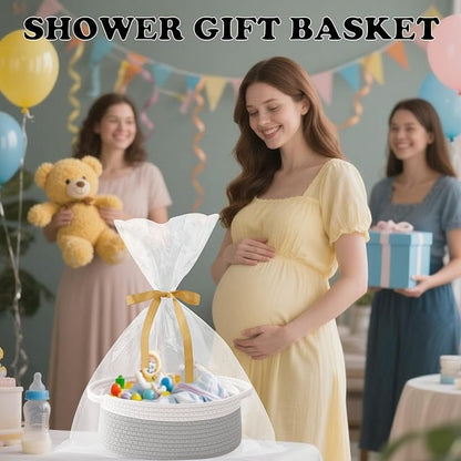 Gift Basket with Gift Bag and Ribbons,Small Rope Woven Shelf Storage,Baskets for Gifts Empty,Birthday,Baby Shower,Decorative Organizer Box with Handles(Grey)
