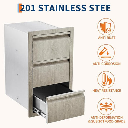 Stainless Steel Outdoor Kitchen Triple Drawers 14.7" W x 18.5" D x 24.5" H - Heavy Duty with Handles, Weather-Resistant Flush Mount for BBQ Island, Patio Grill & Outdoor Cooking Space