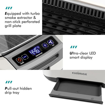 Smokeless Indoor Grill, CUSIMAX Electric Grill, 1500W Korean BBQ Grill with LED Smart Display & Tempered Glass Lid, Non-stick Removable Grill Plate, Turbo Smoke Extractor, White New Model