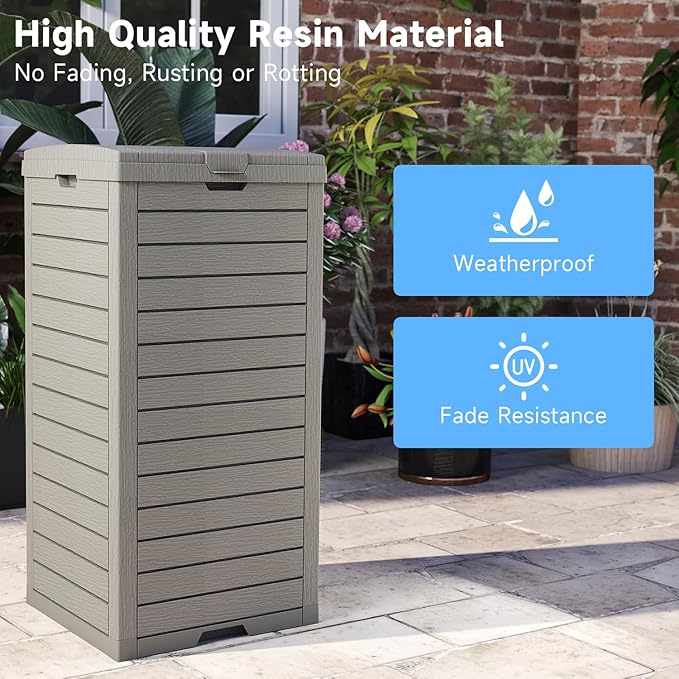 38 Gallon Outdoor Trash Can with Lid, Waterproof Resin Outdoor Trash Can Bottom with Pull-Out Liquid Drawer, Dual Lid Closure Garbage Can for Kitchen, Hideaway, Deck, Patio(Deep Grey)