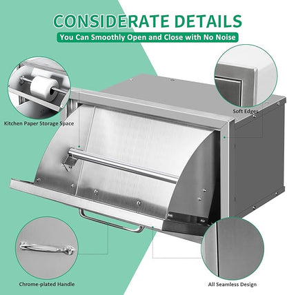 Outdoor Kitchen Drawers 16" W x 10" H x 10" D Stainless Steel Paper Towel Drawers with Ergonomic Handle for BBQ Island, Patio Grill Station & Outdoor Kitchen Cabinets