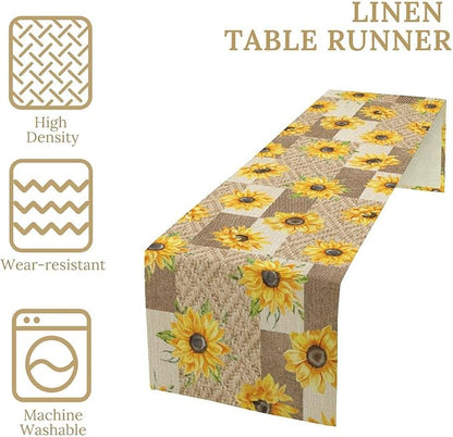 Farmhouse Sunflower Table Runner, Rustic Vintage Linen Patchwork Summer Yellow Floral Table Cover for Bithday Party Home Kitchen Dining Room Decor, 13x60inch