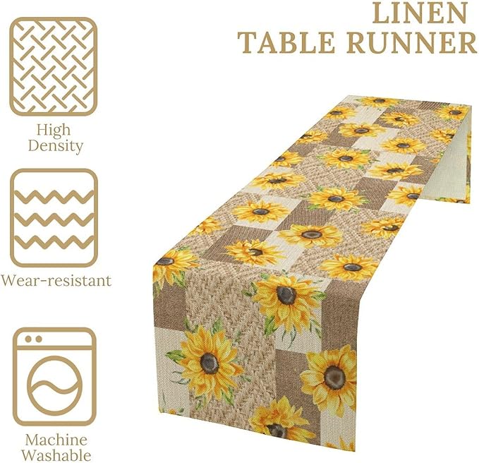 Farmhouse Sunflower Table Runner, Rustic Vintage Linen Patchwork Summer Yellow Floral Table Cover for Bithday Party Home Kitchen Dining Room Decor, 13x36inch
