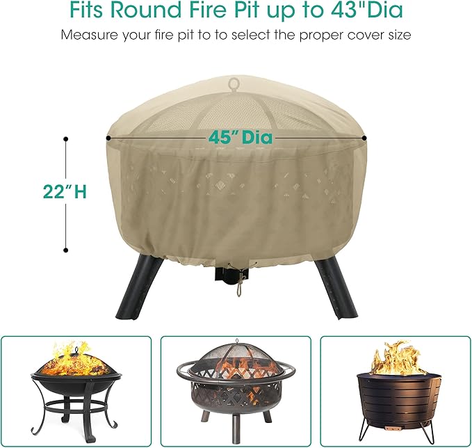SunPatio Fire Pit Cover, Heavy Duty Waterproof Round Patio Fire Table Bowl Cover with Adjustable Drawstring, Round 45" D x 22" H, Beige