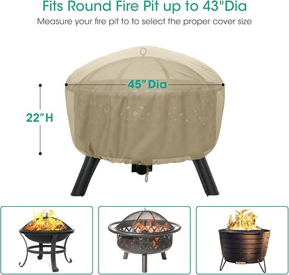 SunPatio Fire Pit Cover, Heavy Duty Waterproof Round Patio Fire Table Bowl Cover with Adjustable Drawstring, Round 45" D x 22" H, Beige