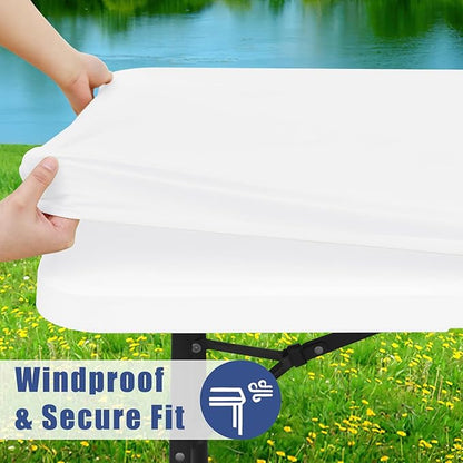 Spandex 8 Foot Rectangle Table Cloth 6 Pack, Elastic Fitted Tablecloths for Picnic, Stretch Washable Patio Table Cover for Outdoor, Camping, Banquet and Parties (White, 30"x96")