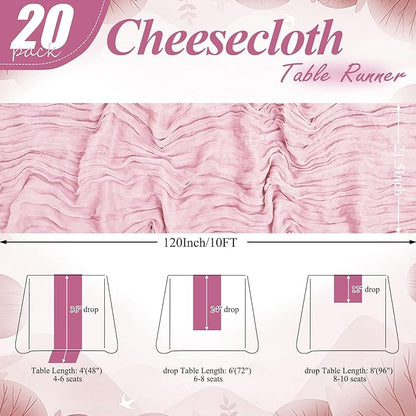 20 Packs Cheesecloth Table Runner 10FT Long Boho Gauze Fabric Table Runner Vintage Rustic Sheer Runners for Wedding Party Bridal Baby Shower Table Decorations (Light Pink)