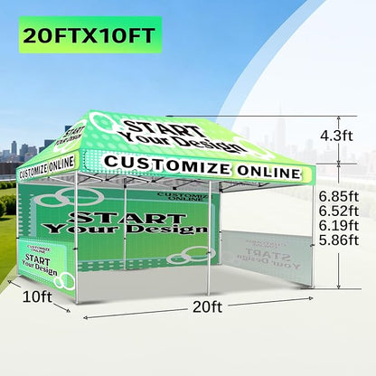 10x20FT Custom Pop Up Canopy Tent with Logo Personalized Trade Show & Event Heavy Duty Aluminum Folding Tent for Outdoor Markets, Business Branding Advertising (Top Canopy + 3 Full Walls)