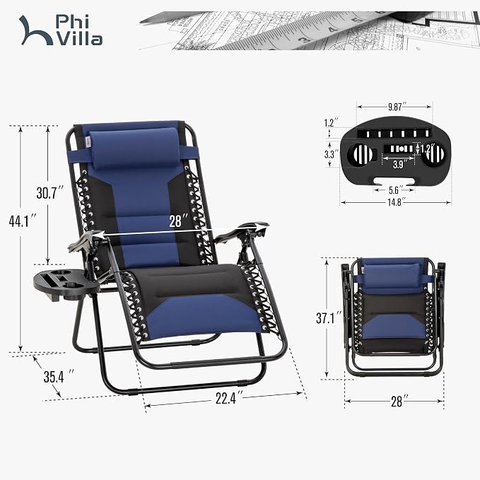 PHI VILLA Padded Zero Gravity Chair Set of 2, Cup Holder, 28in Seat, Supports - Image 3