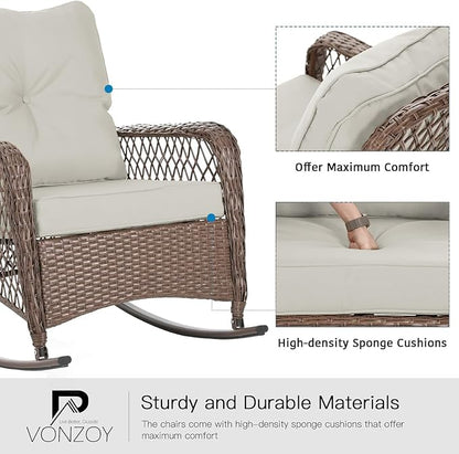 Patio Furniture Set 3 Pieces, Wicker Outdoor Rocking Bistro Set, Pale White | - Image 5