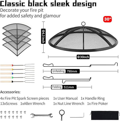 Fire Pit Spark Screen, Outdoor 30 Inch Round Fire Pit Screen with Foldable Hook and Fire Safety Gloves, Heavy Duty Steel Mesh Fire Pit Cover, Fire Pit Lid for Backyard, Beach, RV Camping