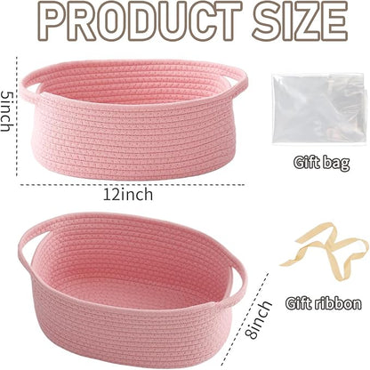 Woven Basket,Small Rope Storage Bin with Handles & Ribbon Bag, Organizer for Shelves Closets,Gift Basket Empty for Birthday,Books,Dog Toys, Pink/2 Pack