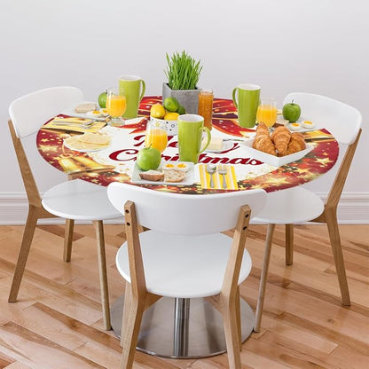 Merry Christmas Bell Bow Round Table Cloth Cover, Elastic Edge Waterproof Wipeable Tablecloths 45"-56" Polyester Tablecloth for Party Restaurant Banquet Holiday Camping Outdoor Picnic