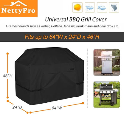 NettyPro Grill Cover for Outdoor Grill 64 inch, Waterproof Heavy Duty Gas BBQ Cover for Outside Weber, Char-Broil, Brinkmann, Jenn Air, Nexgrill 3-4 Burners Barbecue, Black