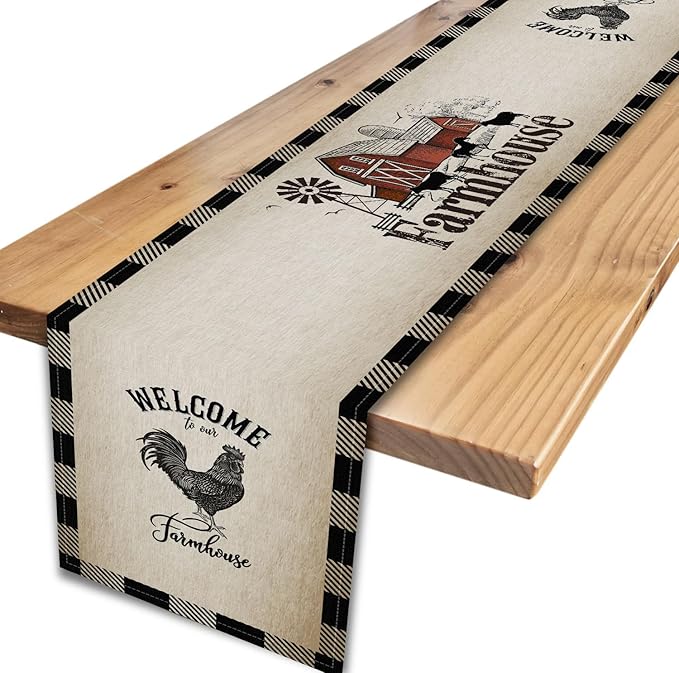 Farm Animals Table Runner, Rustic Farmhouse Cow Pig Rooster Watercolor Coffee Table Center Decor for Home Kitchen Dining Patio Holiday Party Indoor Outdoor Table Decorations, 13"x72" Inch