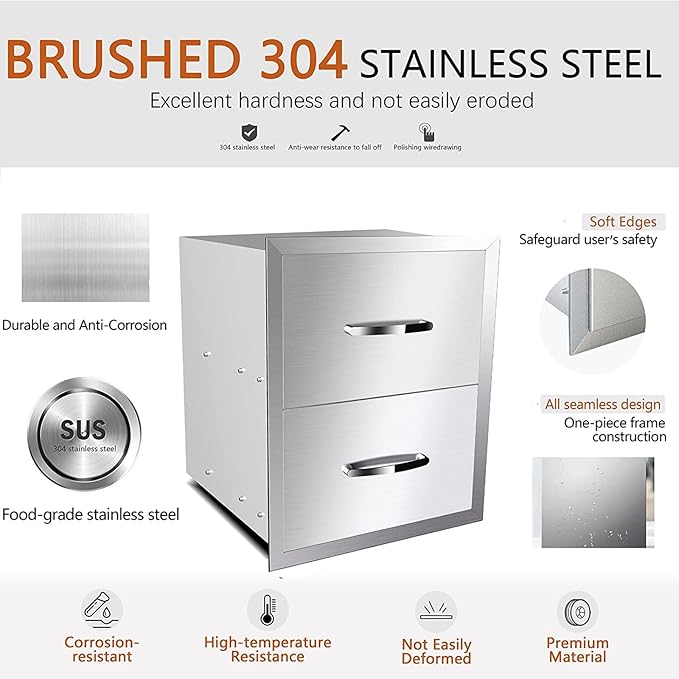 Outdoor Kitchen Drawers, Flush Mount Triple Access BBQ Drawers With Stainless Steel Handle, BBQ Island For BBQ Island Patio Grill Station,Double Drawers