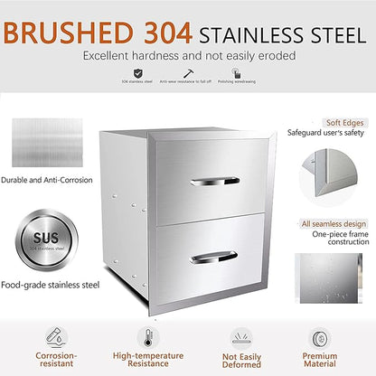 Outdoor Kitchen Stainless Steel Triple Access BBQ Drawers With Handle For BBQ Island Patio Grill Station,Double Drawers