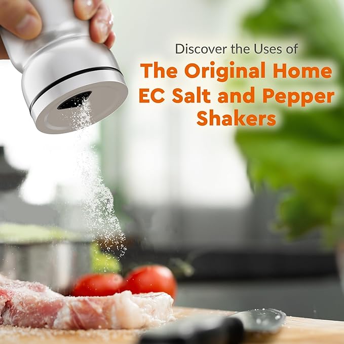 HOME EC Original Salt and Pepper Shakers Set with Adjustable Pour Holes - Glass and Stainless Steel Salt Shaker and Pepper Shaker - Farmhouse Spice dispenser for salts, ground peppercorn and spices