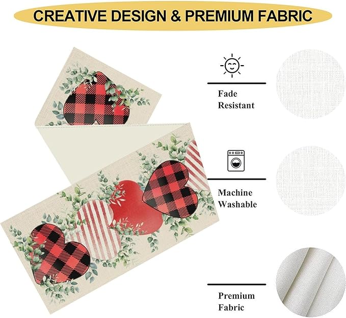 Valentines Day Table Runner,Vintage Rustic Sweet Heart Leaves Valentines Day Buffalo Plaid Runner for Table Seasonal Fresh Decor for Indoor Outdoor Dining Table Decorations, 13"x90"