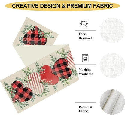 Valentines Day Table Runner,Vintage Rustic Sweet Heart Leaves Valentines Day Buffalo Plaid Runner for Table Seasonal Fresh Decor for Indoor Outdoor Dining Table Decorations, 13"x90"