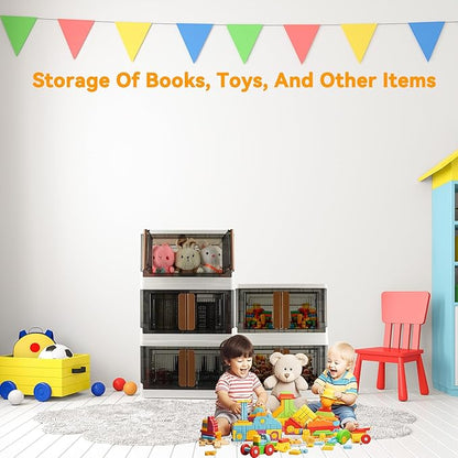 Storage Bins, Plastic Cabinet, 8.4 Gallon Capacity (32L Per One), 4 Pack, Stackable Collapsible Drawer, with Door and Buckle, Organizer for Home and Office, Transparent