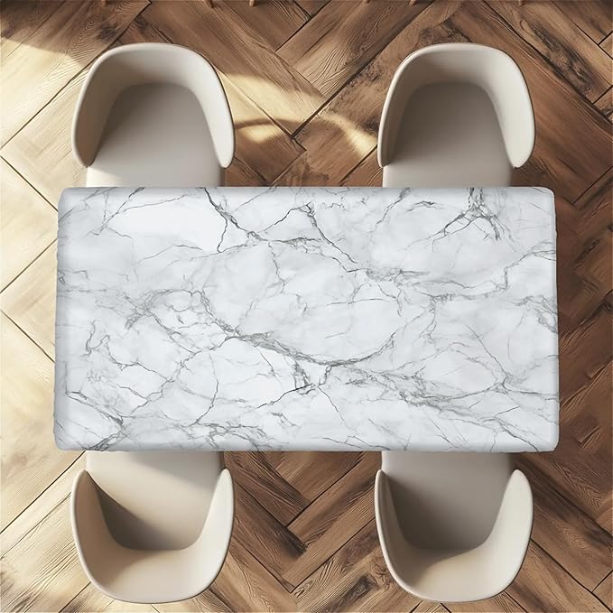 Rectangle Table Cloth Cover Waterproof Elastic Fitted Polyester Fitted Tablecloths for 8 Foot Tables for Indoor,Picnic, Camping, Outdoor （96" x 30"，Marble）