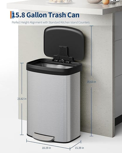 Garvee 16 gal / 60 L Stainless Steel Trash Can with Lid, Large Garbage Can for Kitchen, Rustproof Step-on Kitchen Metal Trash Bin with Liner Rim, Rear Handle, Soft Close Plastic Lid, Silver