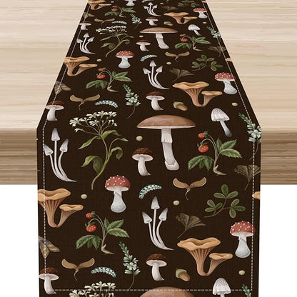 Mushroom Table Runner, Rustic Farmhouse Forest Plants Botanical Wild Floral Coffee Table Center Decor for Home Kitchen Dining Patio Holiday Party Indoor Outdoor Table Decorations, 13"x90" Inch