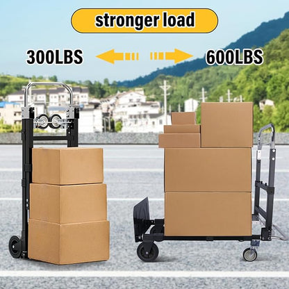 Upgraded 3 in 1 Folding Hand Truck, 600lbs Capacity, Heavy Duty Convertible Dolly with Retractable Handle and 4 Rubber Wheels, Collapsible Cart for Moving Home, Office, Warehouse (Black)