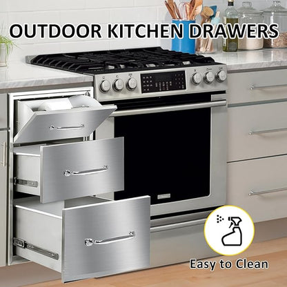 Outdoor Kitchen Drawers with Paper Towel Holder 17" W x 30"H Flush Mount BBQ Drawers with Chrome Handle,Stainless Steel Built-in Triple Access Drawers for Outdoor Kitchen Island, Patio Grill Station