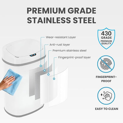 iTouchless 13 Gallon Automatic Sensor Trash Can with Lid, AbsorbX Odor Control System, Chalk White Stainless Steel Kitchen Garbage Bin, Fingerprint-Proof, Hands-Free Operation, Oval
