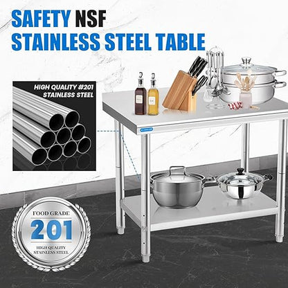 Stainless Steel Table for Prep & Work with Backsplash 24 x 30 Inches NSF Metal Commercial Kitchen Adjustable Under Shelf Worktable for Restaurant Home Outdoor