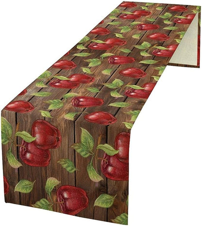 Sweet Apples Table Runner, Fresh Apples Fruit Rustic Wooden Background Table Runner for Kitchen Dining Party Picnic Outdoor 13x70in