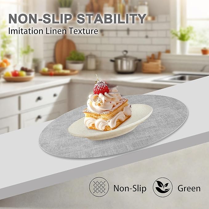Round Faux Leather Placemats and Coasters, Set of 8, Reversible Heat Resistant Non-Slip Table Mats, Waterproof Wipeable Place Mats for Dining Table, Washable for Indoor & Outdoor (8, Light Grey)
