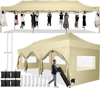 COBIZI 10x30 Pop up Canopy Tent 10x30 Canopy with Sidewall Waterproof Heavy Duty Commercial for Parties Outdoor Garden Gazebo Tent, Carry Bag with Wheel(10x30ft with Sidewalls,Khaki)