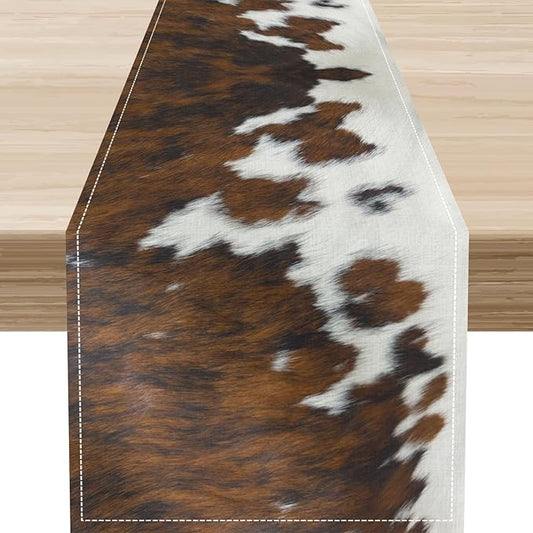 Cow Print Table Runner, Brown Cowhide Print Western Style Table Runner Country Farmhouse Cottage Cow Pattern Linen Table Decoration for Home Kitchen Dining 13x36