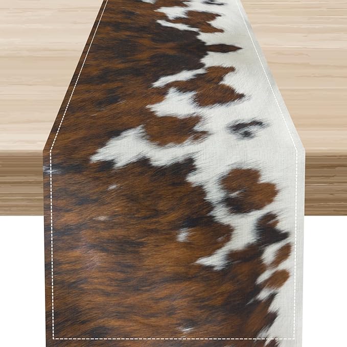 Cow Print Table Runner, Brown Cowhide Print Western Style Table Runner Country Farmhouse Cottage Cow Pattern Linen Table Decoration for Home Kitchen Dining 13x72