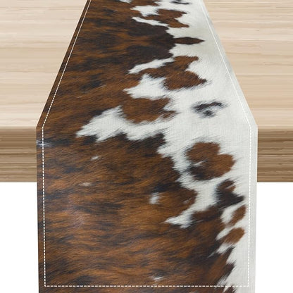 Cow Print Table Runner, Brown Cowhide Print Western Style Table Runner Country Farmhouse Cottage Cow Pattern Linen Table Decoration for Home Kitchen Dining 13x108