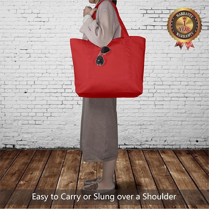 TOPDesign 3-Pack Canvas Tote Bags with an External Pocket, Reusable Grocery Shopping Bags, Top Zipper Closure, Daily Essentials (Red)