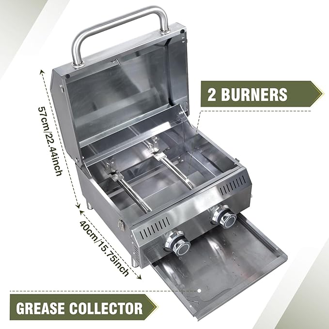 Bestfire Tabletop Gas Grill 2 Burners, 20,000 BTUs Stainless Steel Portable Propane Grill with Legs for Outdoor Patio Backyard Camping, Tailgating, and RV Trips