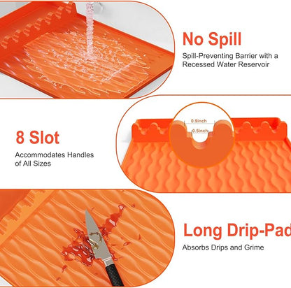 2-Pack Silicone Griddle Mat for Blackstone – Heat-Resistant Utensil Holder with Drip Tray, Non-Slip BBQ Tool Organizer for Grill, Kitchen Countertop & Outdoor Cooking Accessories（Grey&Orange）